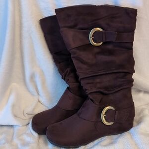 Dark Brown Slouch Mid-Calf Boots with Gold Buckles